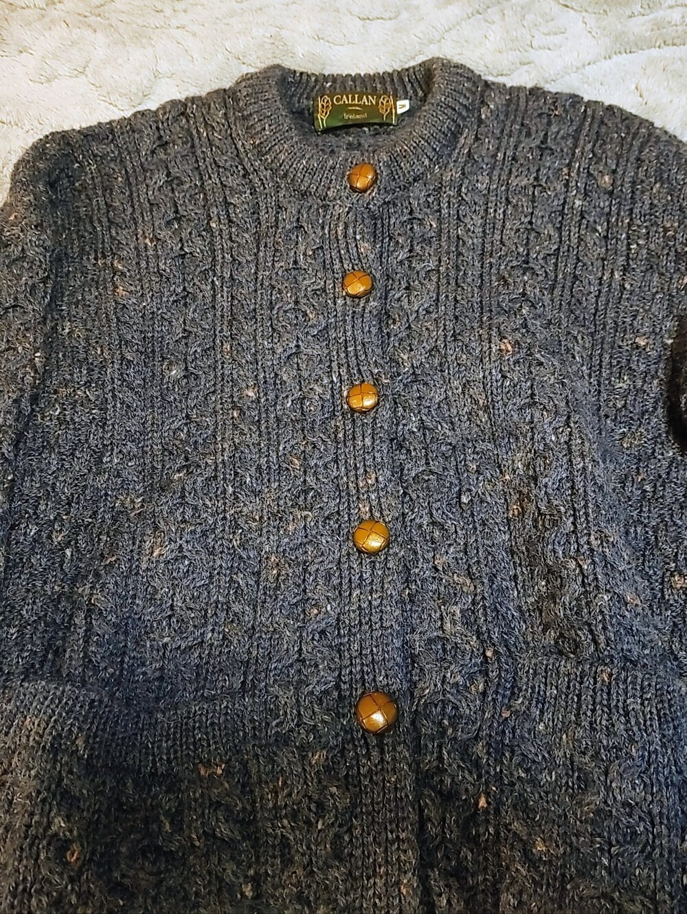 Vintage Callan 100% Wool Navy/Orange Cable Knit Button-Down Sweater - Picture 5 of 8